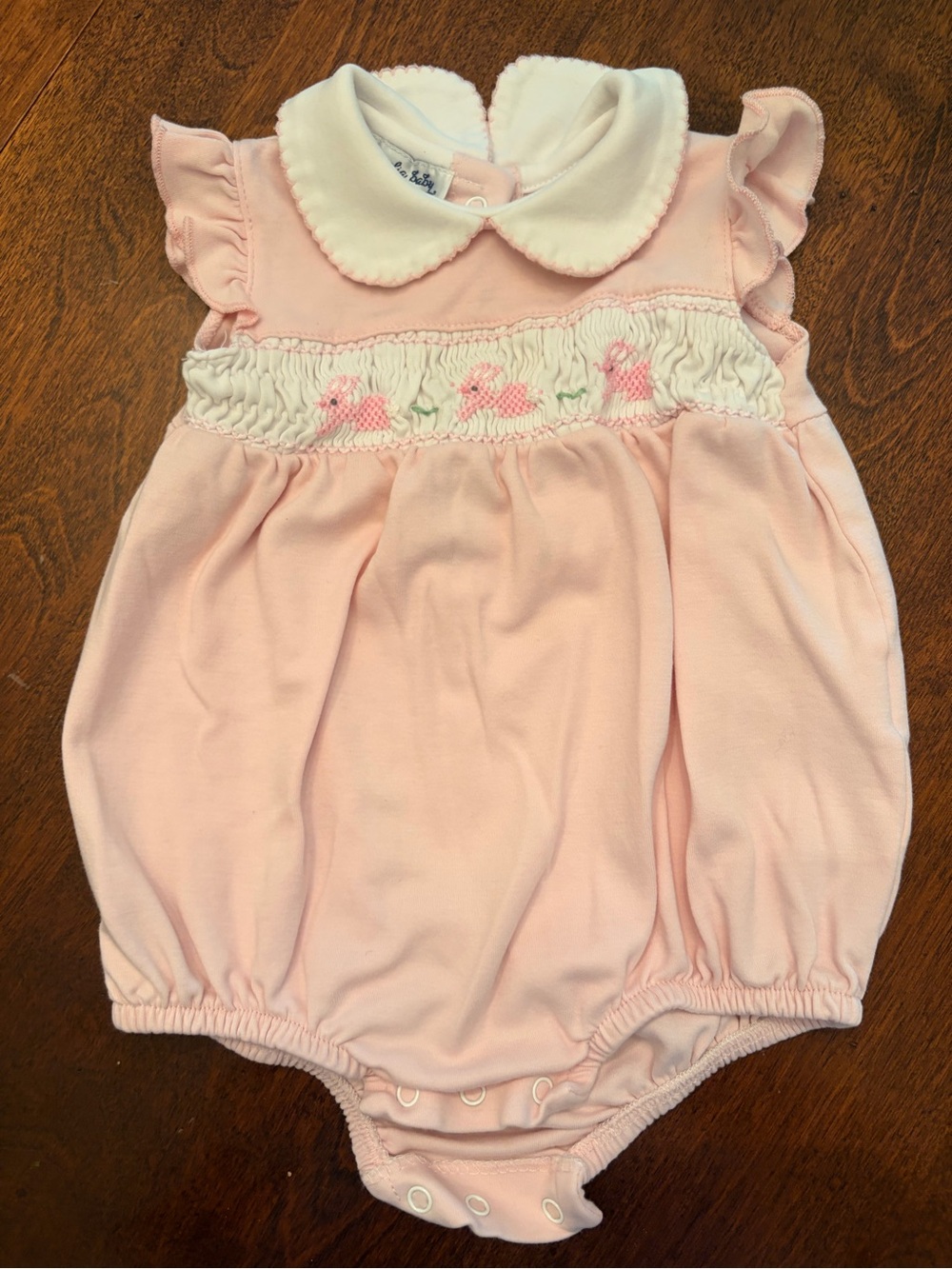 VGUC Magnolia Baby Pink & White Smocked Bunny Baby One-Piece Bodysuit